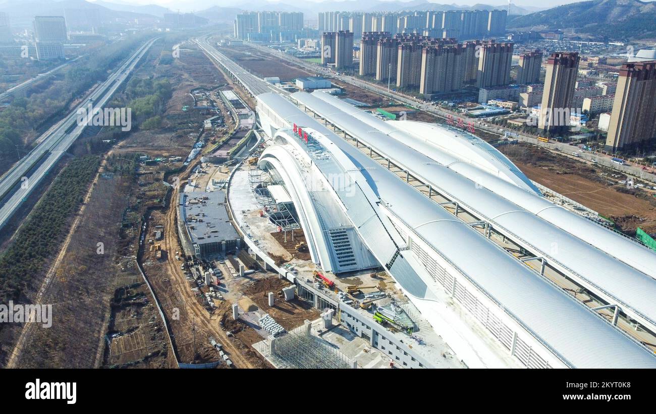 Aerial photo shows the Licheng railway station under construction of