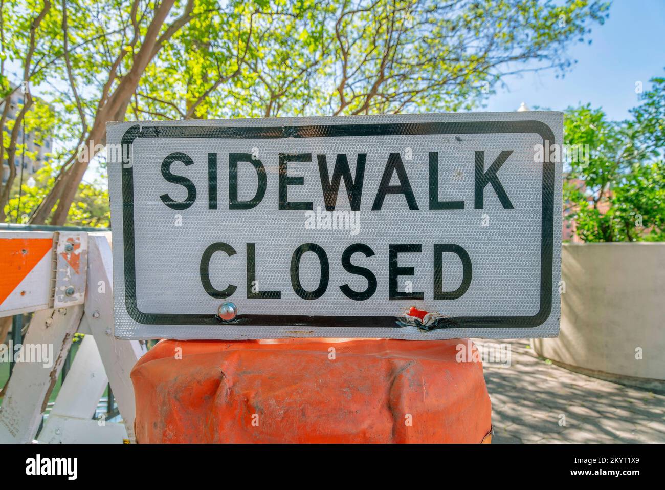 Sidewalk Closed sign at a roadside under construction in San Antonio ...