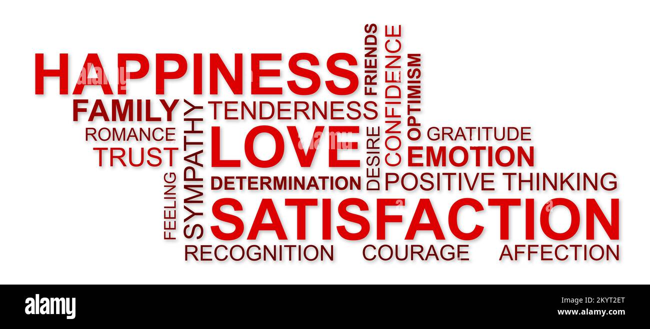 wordcloud for happiness, love and satisfaction Stock Photo