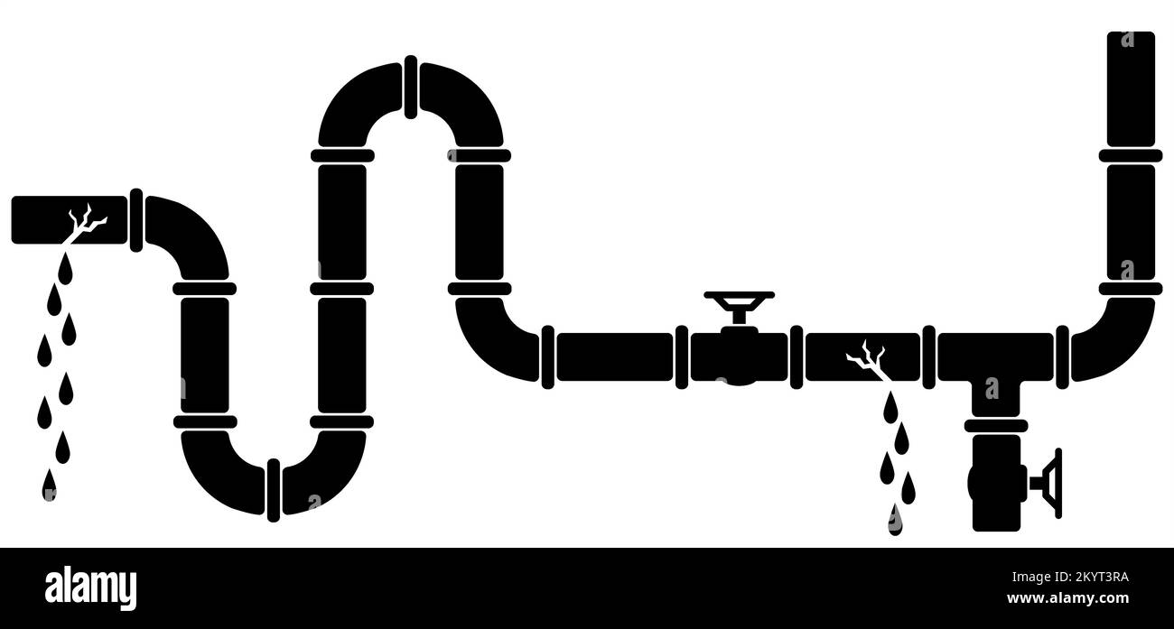 Leakage, broken oil or gas pipeline with fittings and valves. Pipeline, black tap, open, close. Cartoon water jet with leaky pipe line, plumbing syste Stock Photo