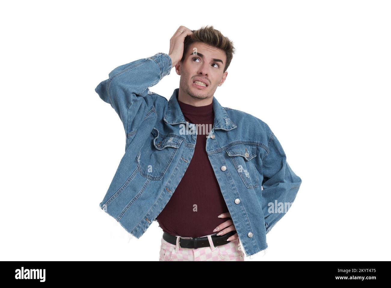 Young caucasian man forgot something important, isolated. Stock Photo