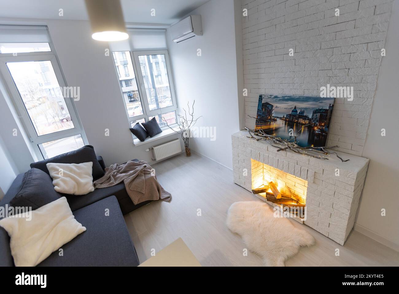 Image showcasing Luxury Loft Living Room Interior, Apartments with a fireplace Stock ...
