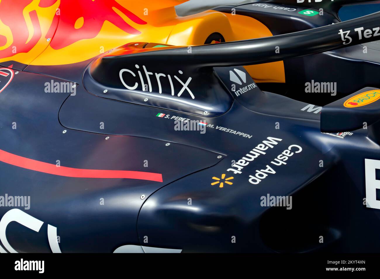 View of the Cockpit and Side-Pod, of Redbull Racing 2021 Formula One Car Driven by Sergio Pérez  and  Max Verstappen Stock Photo