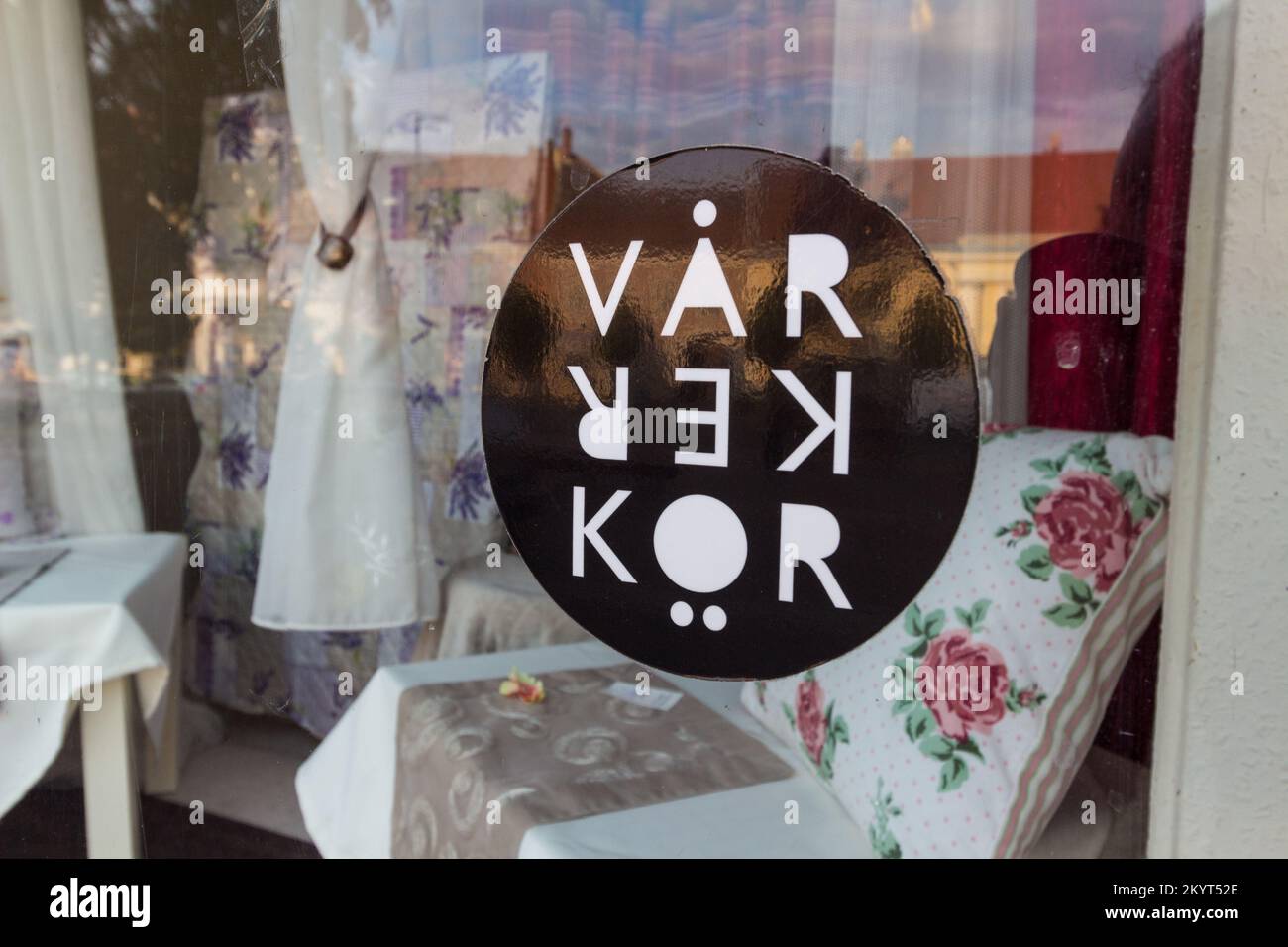 Logo of VarKerKor NGO on shop window, Varkerulet, Sopron, Hungary Stock Photo