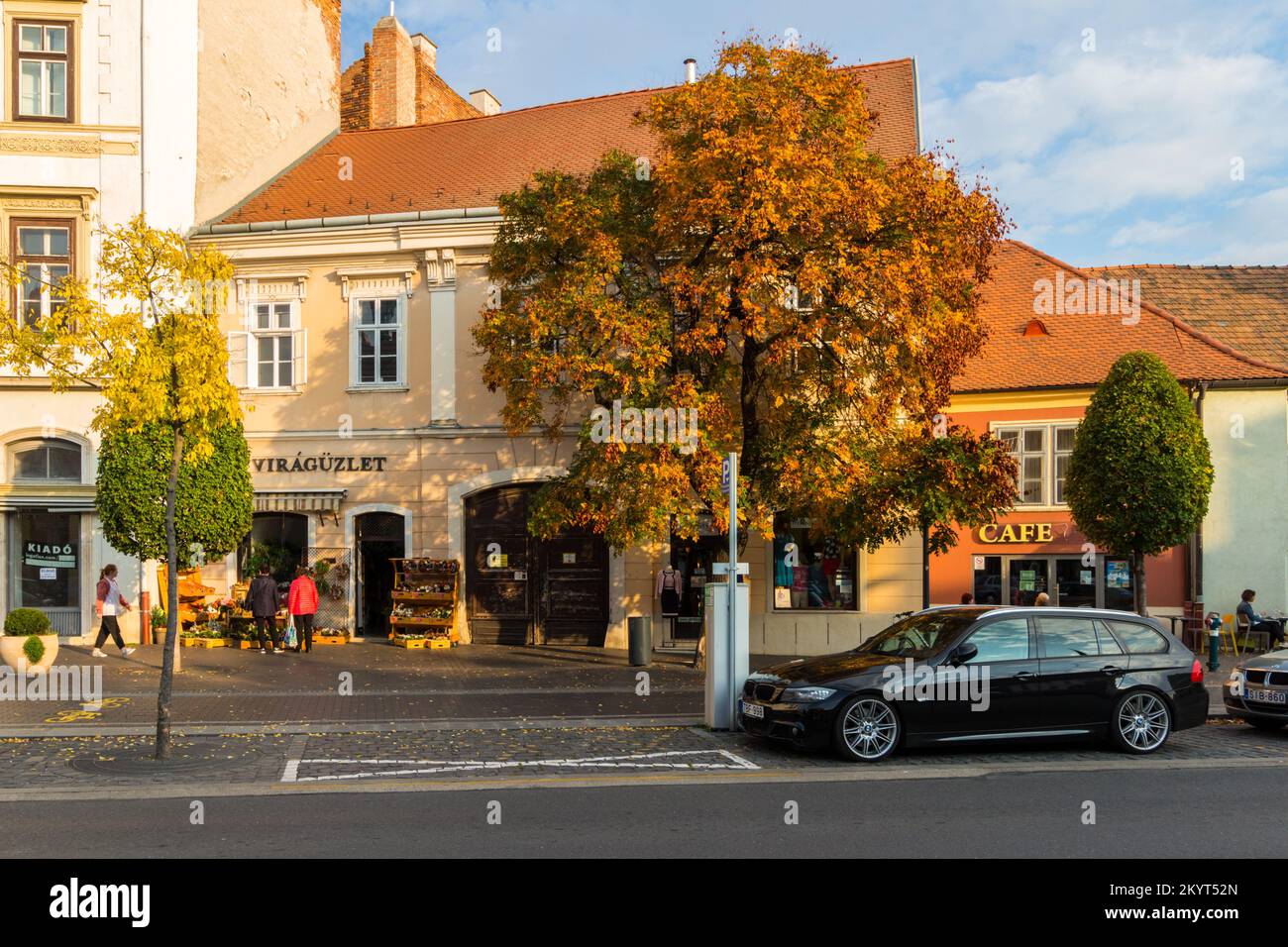 Flower shop and Cafe Frei in autumn sunshine, Varkerulet, Sopron, Hungary Stock Photo