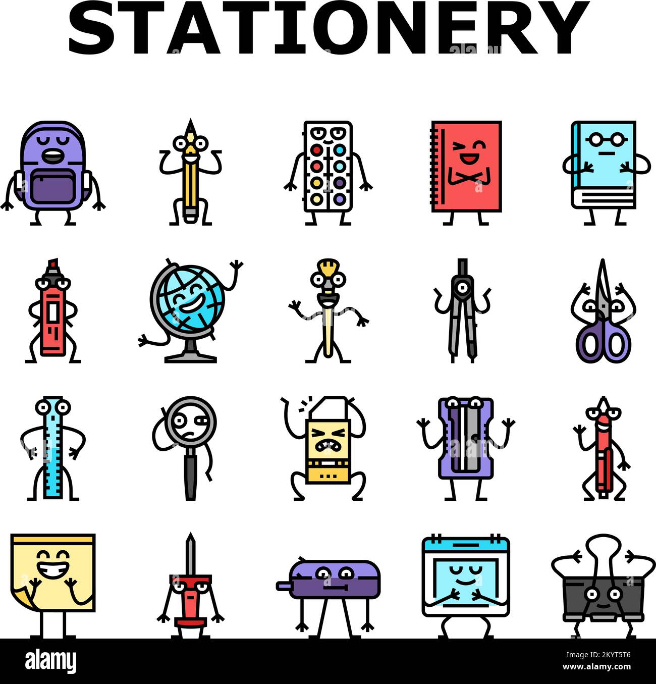 Stationery character school icons set vector pencil hi-res stock ...