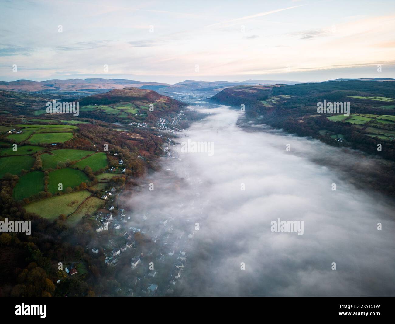 Morning fog captured by drone, settles in the Swansea Valley in South ...
