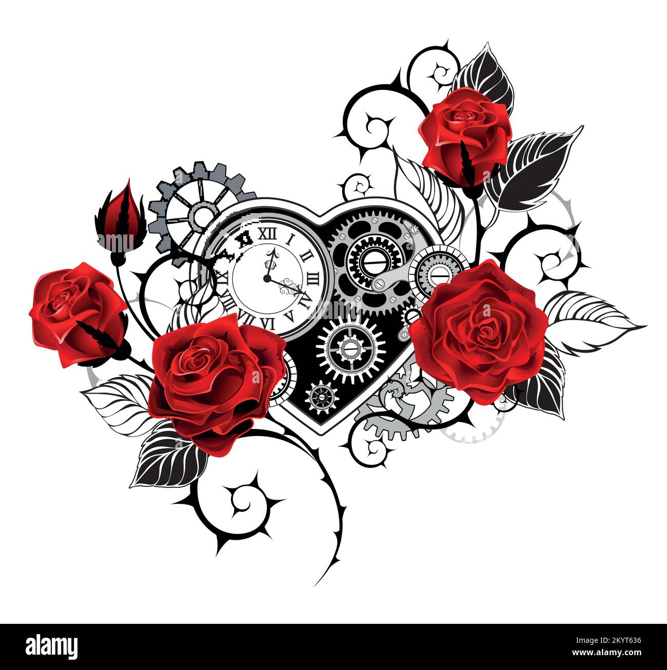 Artistically drawn, mechanical heart with an antique clock, decorated with red roses with black, spiky stems on white background. Steampunk style. Stock Vector