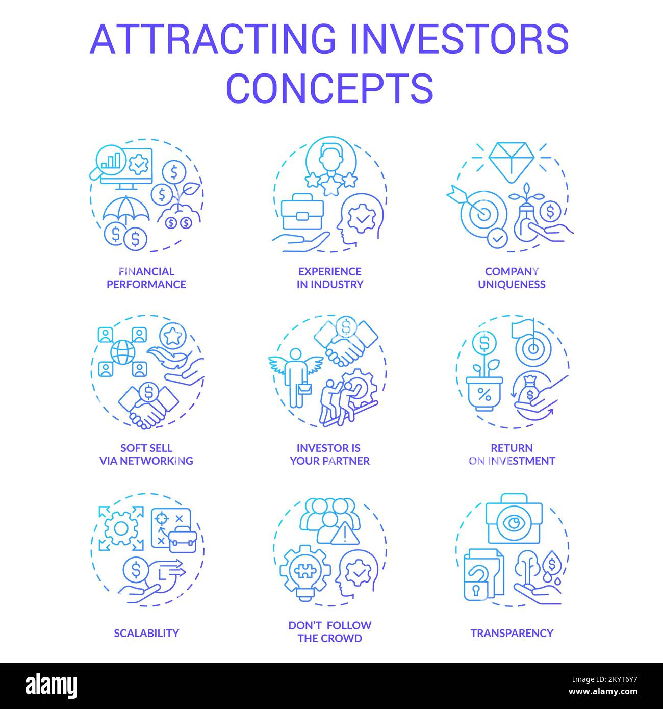 Attracting investors blue gradient concept icons set Stock Vector