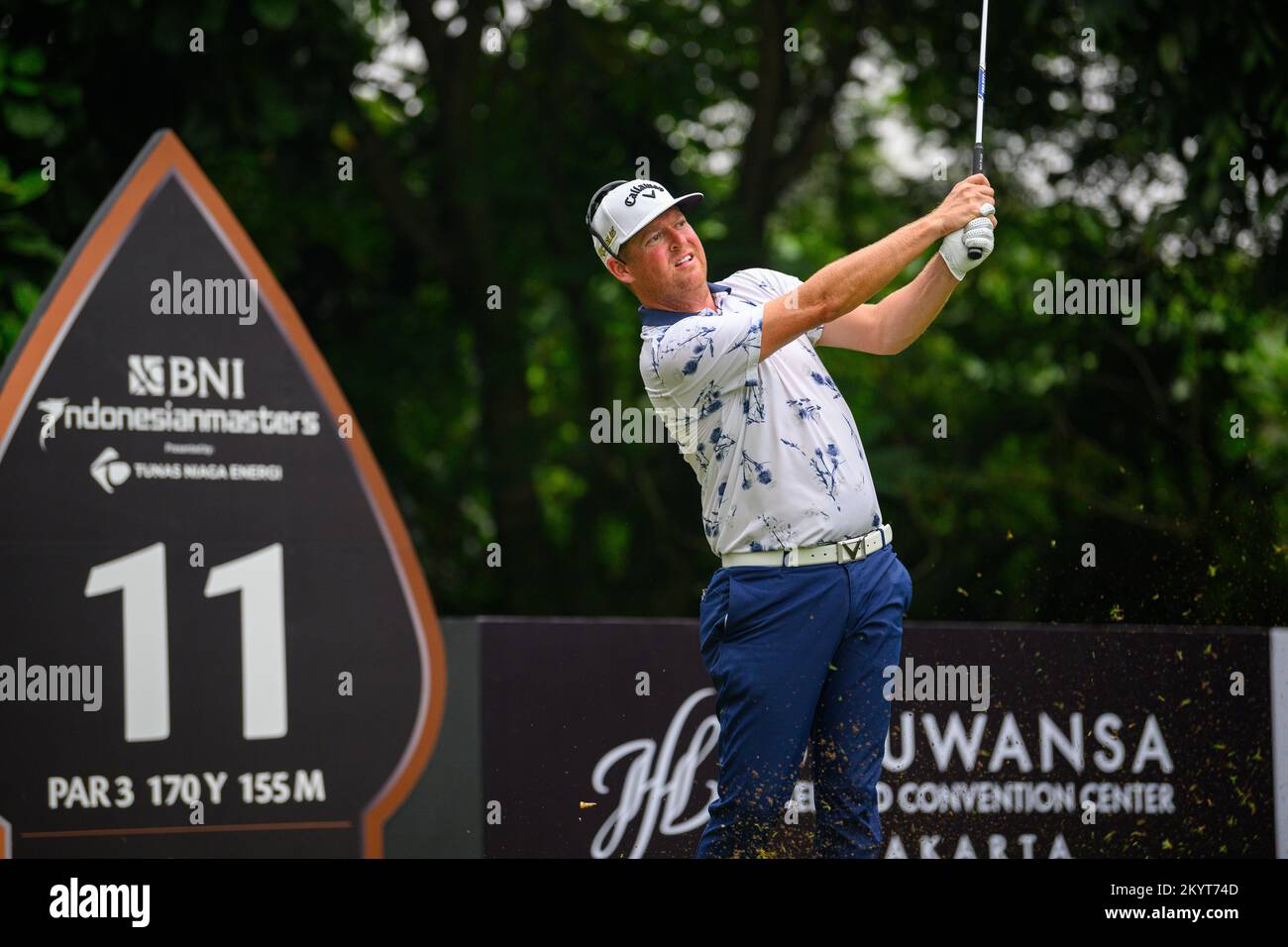 Jakarta, INDONESIA. 02nd December, 2022. Mathiam Keyser of SOUTH AFRICA tees off at hole 11 during the 2nd round the BNI Indonesian Masters at Royale Jakarta Golf Club in Jakarta, INDONESIA. Keyser would close out with a four-under 68 to take a share of the clubhouse lead on 11-under par. Credit: Jason Butler/Alamy Live News. Stock Photo