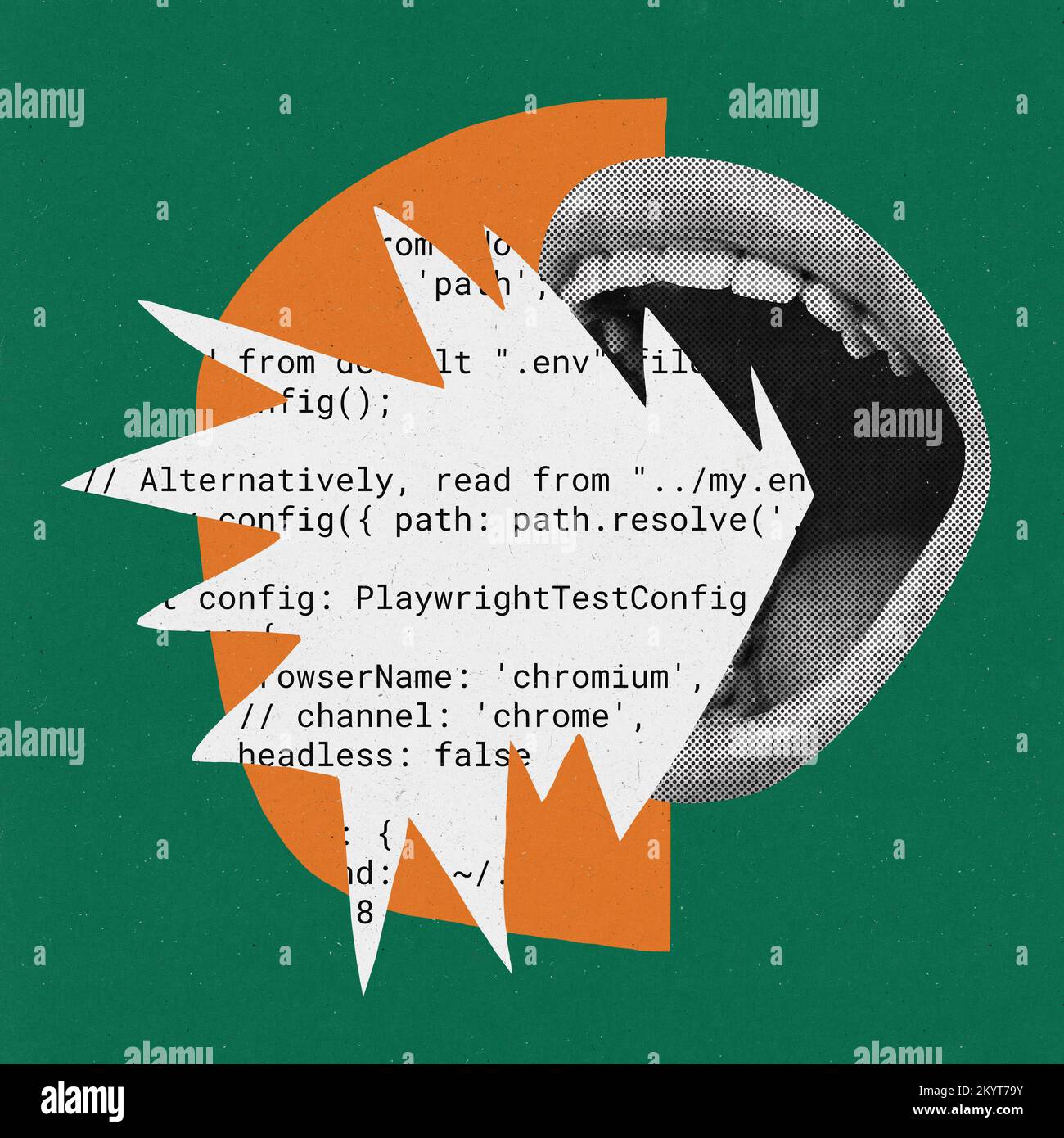 Shouting Data Contemporary art collage. Creative design. Female mouth shouting coding ...