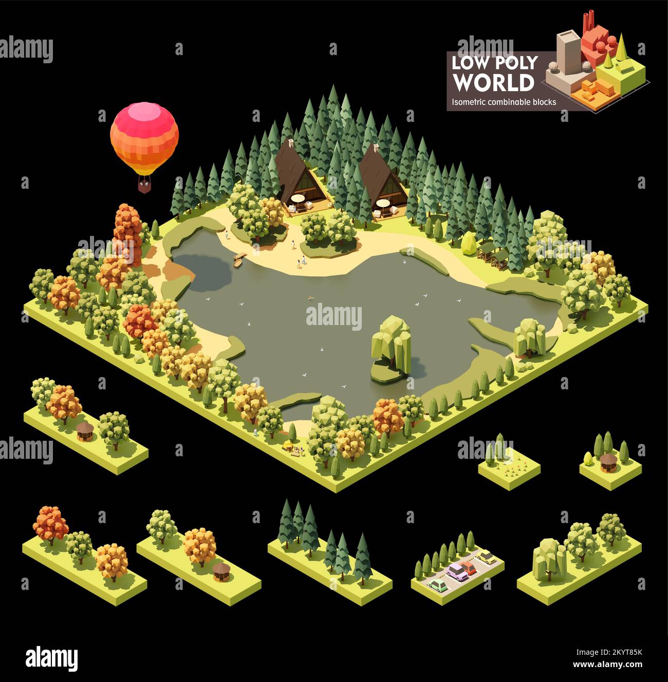 Vector isometric world map creation set. Lake resort. Aframe houses