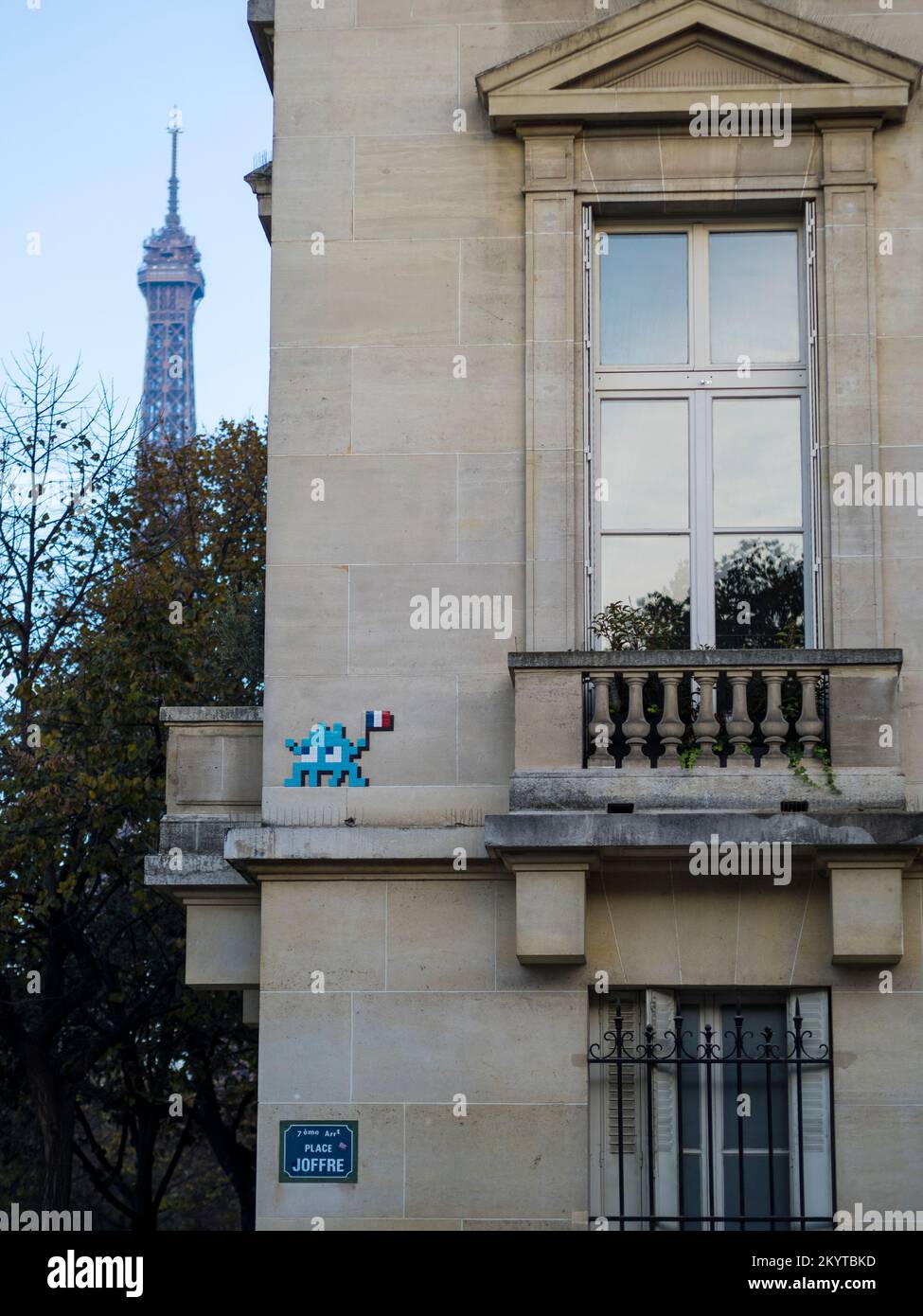 French Space Invader, With View of Eiffel Tower, Paris, France, Europe, EU. Stock Photo