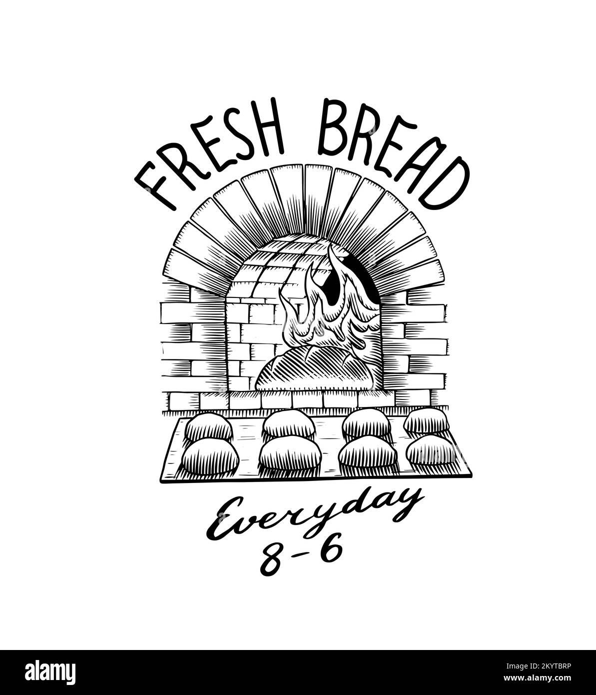 Bread oven. Baking on the board. Engraved hand drawn in old sketch and