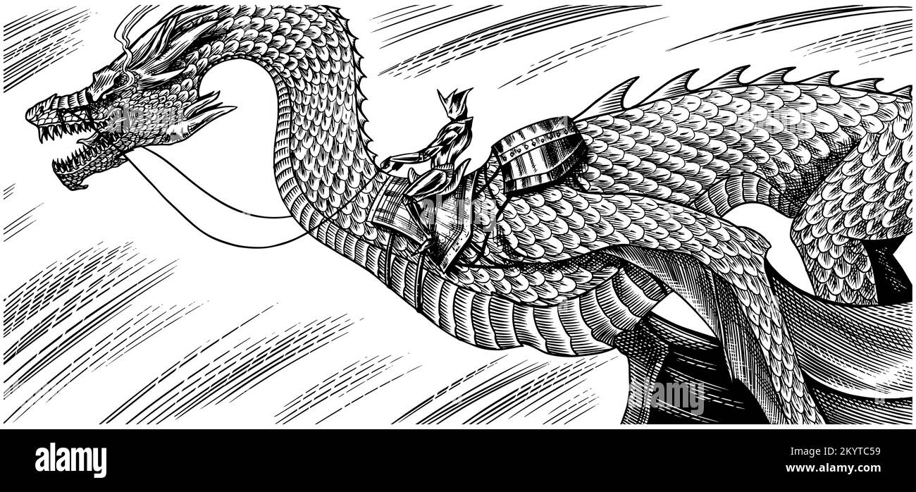 Character man sitting on a dragon. Mythological animal or traditional reptile. Symbol for tattoo or label. Engraved hand drawn line art old monochrome Stock Vector