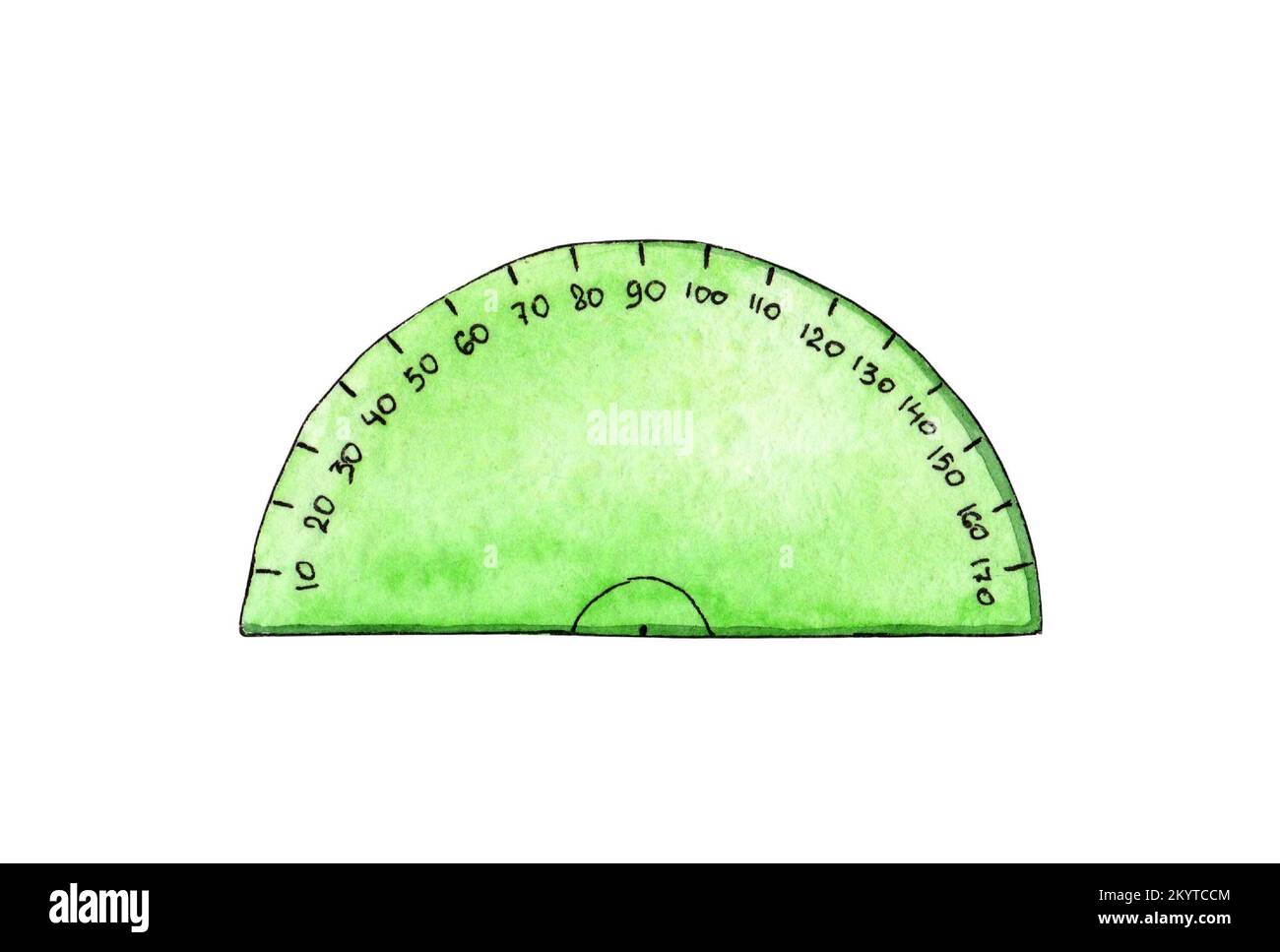 Watercolor illustration of a green protractor measuring ruler. Angles, measure and degrees
