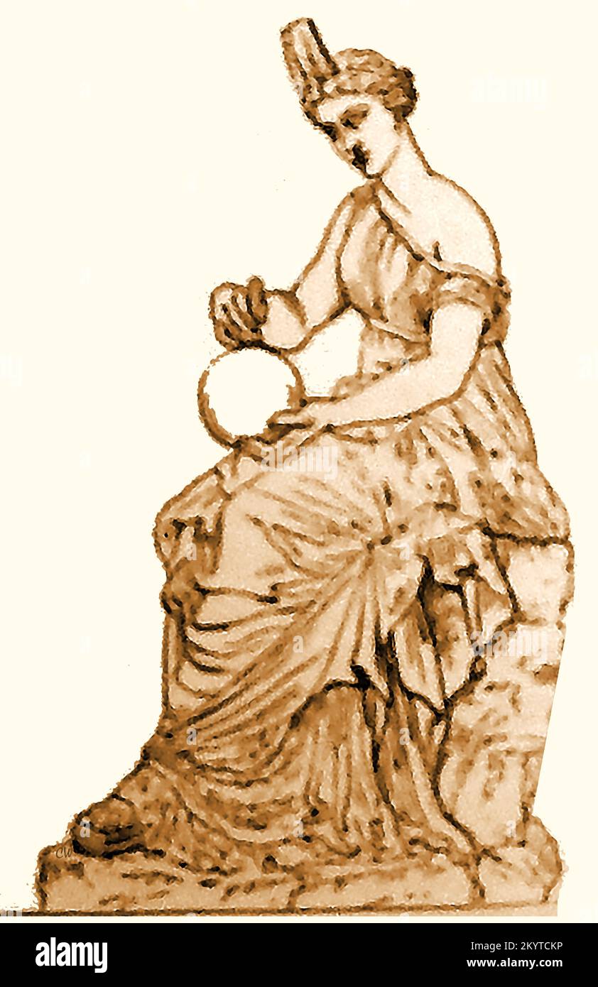 A 19th century illustration of URANIA the Greek mythological muse of astronomy, Christian poetry and stars ,  holding a globe or planet.. -----------------poΜια απεικόνιση του 19ου αιώνα της ΟΥΡΑΝΊΑς, της ελληνικής μυθολογικής μούσας της αστρονομίας, της χριστιανικής ποίησης και των άστρων που κρατούν μια υδρόγειο σφαίρα ή έναν πλανήτη. Stock Photo