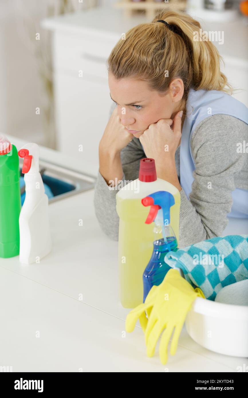 housewife or cleaning lady maid unmotivated to clean Stock Photo Alamy