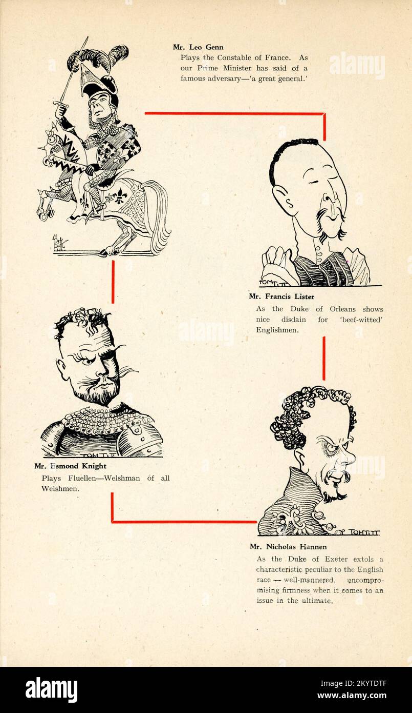 Artwork of LEO GENN FRANCIS LISTER ESMOND KNIGHT and NICHOLAS HANNEN from Promotional Booklet with caricatures by TOM TITT for HENRY V 1944 director LAURENCE OLIVIER play by William Shakespeare music William Walton Two Cities Films / Eagle-Lion Distributors Ltd. Stock Photo