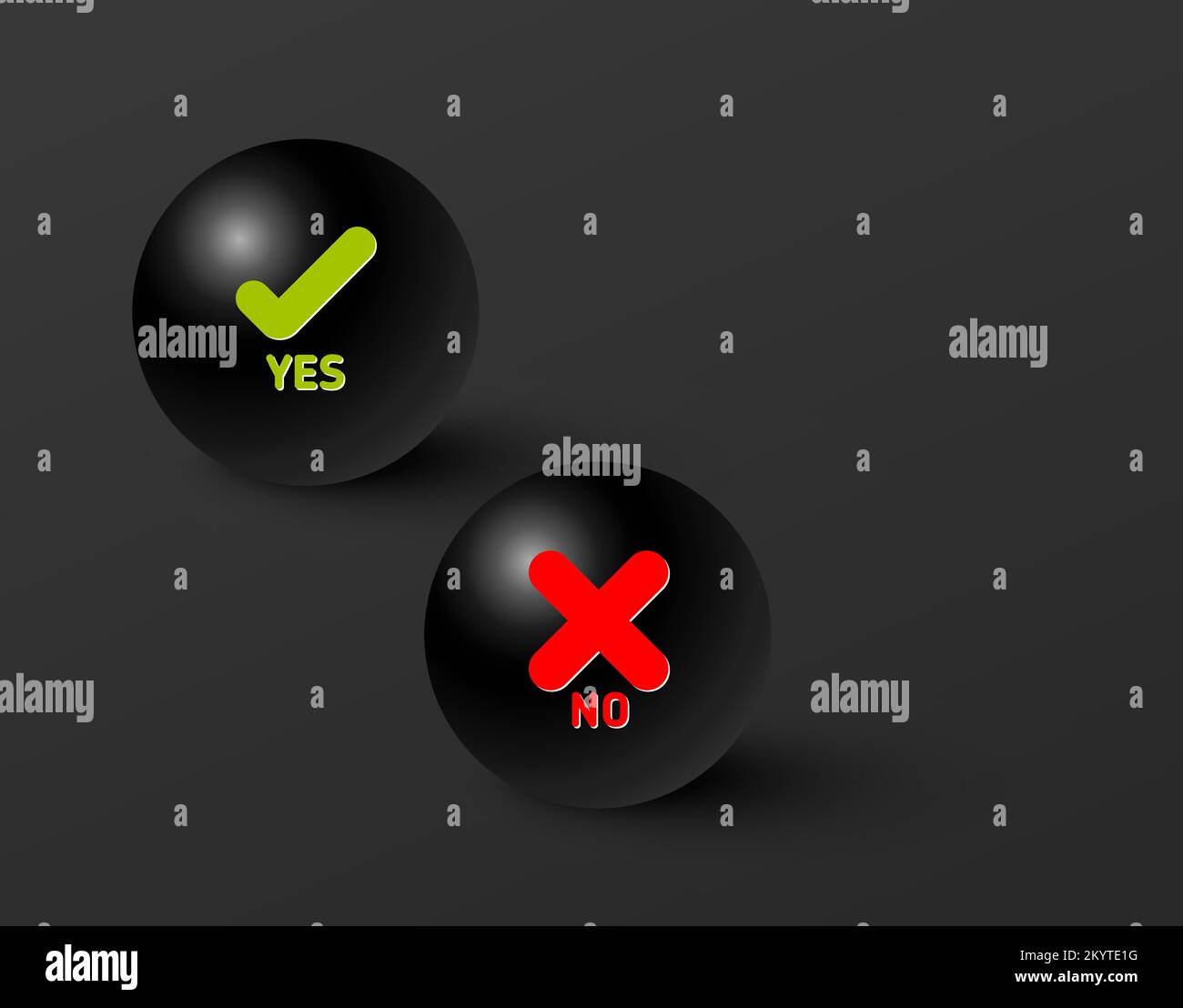 Set of fresh minimalist icons for various status - yes, no, accept, cancel in black ball spheres on dark gray gradient background - green and red colo Stock Vector