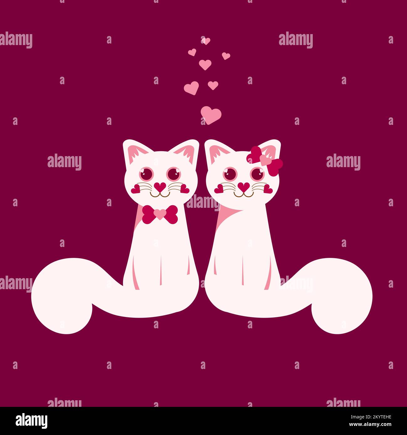 A couple of two white cats in love on maroon background for valentine day, cute cartoon character, vector illustrations in flat style Stock Vector