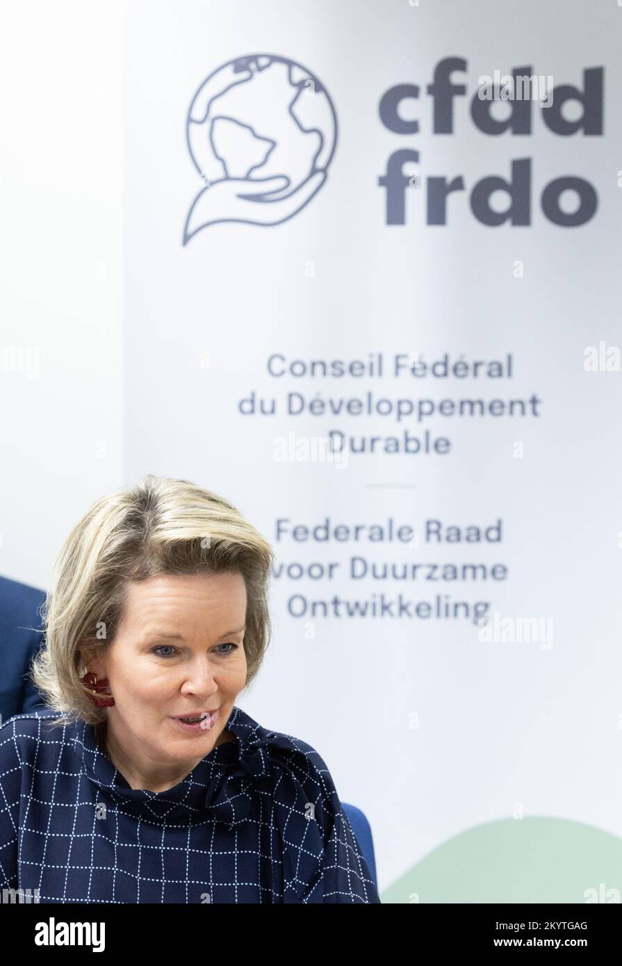 Brussels, 02 December 2022. Queen Mathilde of Belgium pictured during a royal visit to the Federal Council for Sustainable Development (Federale Raad voor Duurzame Ontwikkeling FRDO - Conseil Federal pour le developpement durable CFDD), in Brussels, Friday 02 December 2022. In her capacity as honorary president, the Queen is informed about the involvement of young people in the Sustainable Development Goals (SDGs) and she gets to know the staff and members of the FRDO-CFDD. BELGA PHOTO BENOIT DOPPAGNE Stock Photo