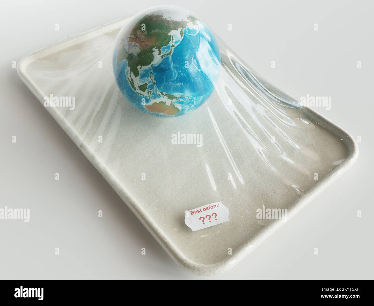 Earth globe in vacuum packaging with english expiry date Global warming concept work 3D