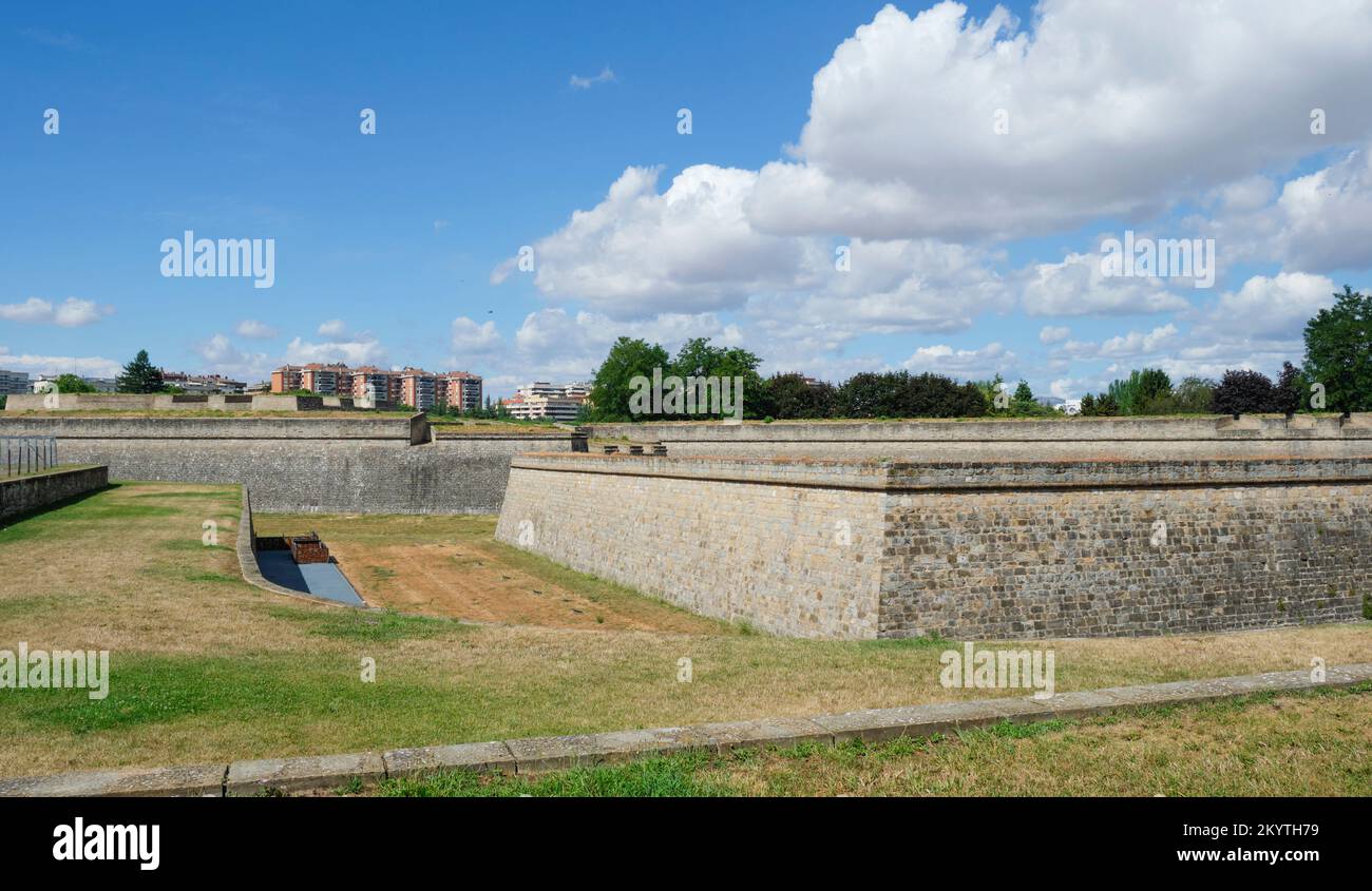 a view of the ramparts and the moat of the Citadel of Pamplona, in Pamplona, in Spain, on a summer day Stock Photo