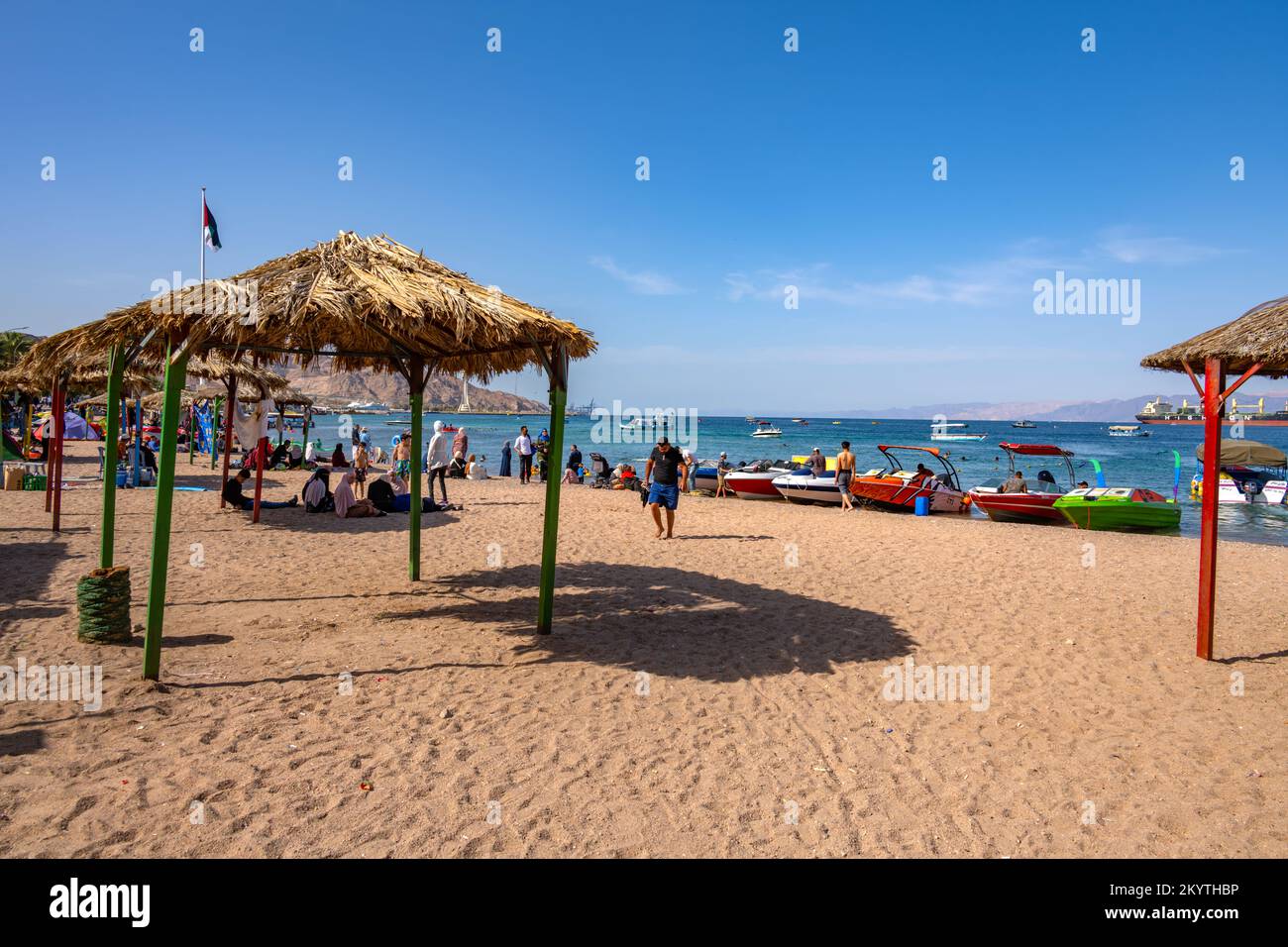 Al-Ghandour Beach in Aqaba Jordan looking towards the hills of Isreal and Egypt Stock Photo