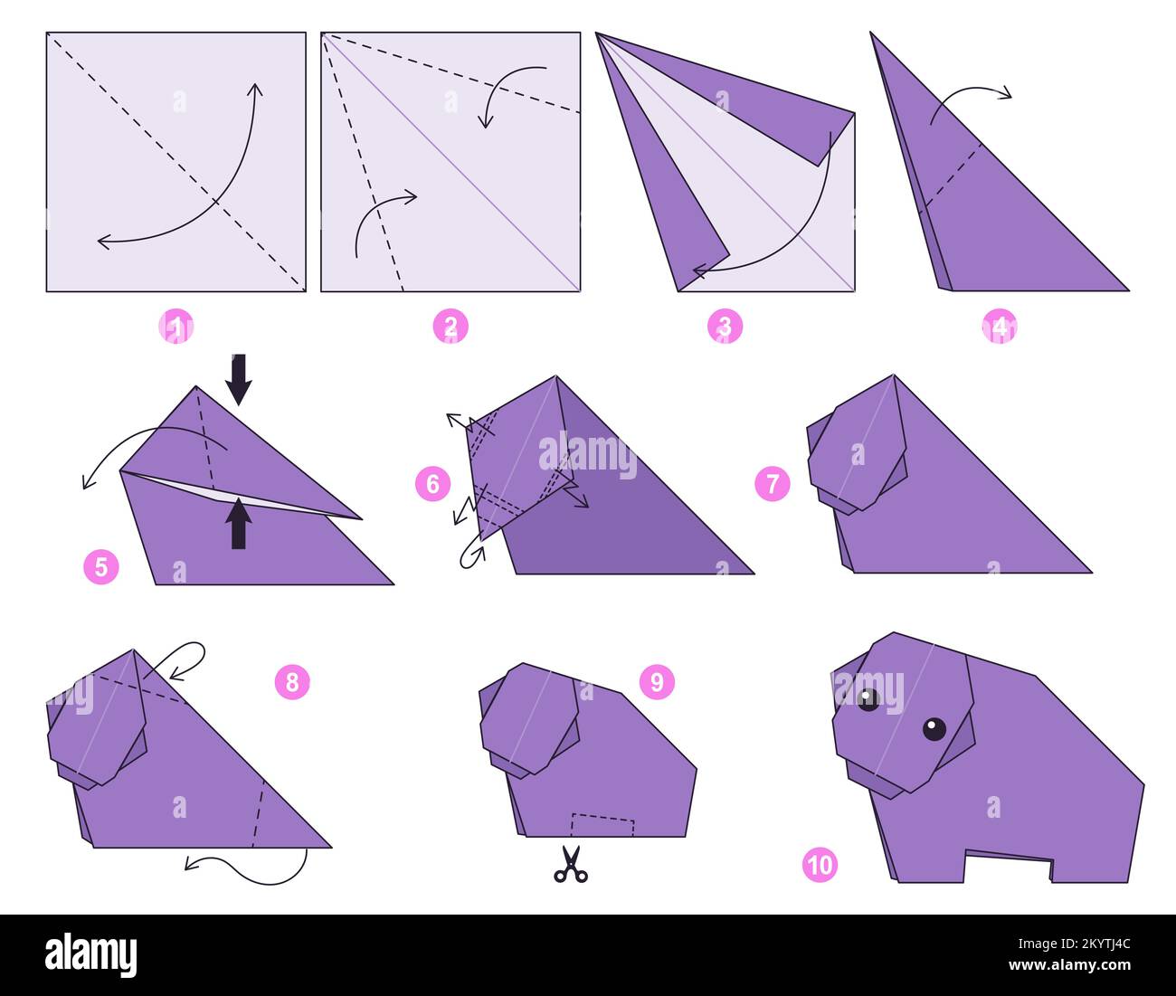 Origami tutorial for kids. Origami cute Hippo. Stock Vector