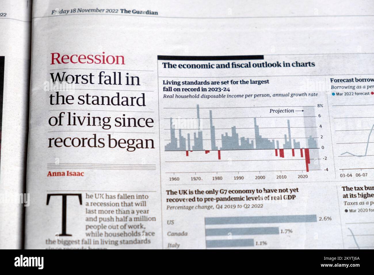 'Recession Worst fail in the standard of living since records began' Guardian newspaper headline British economy cutting 18 November 2022 London UK Stock Photo