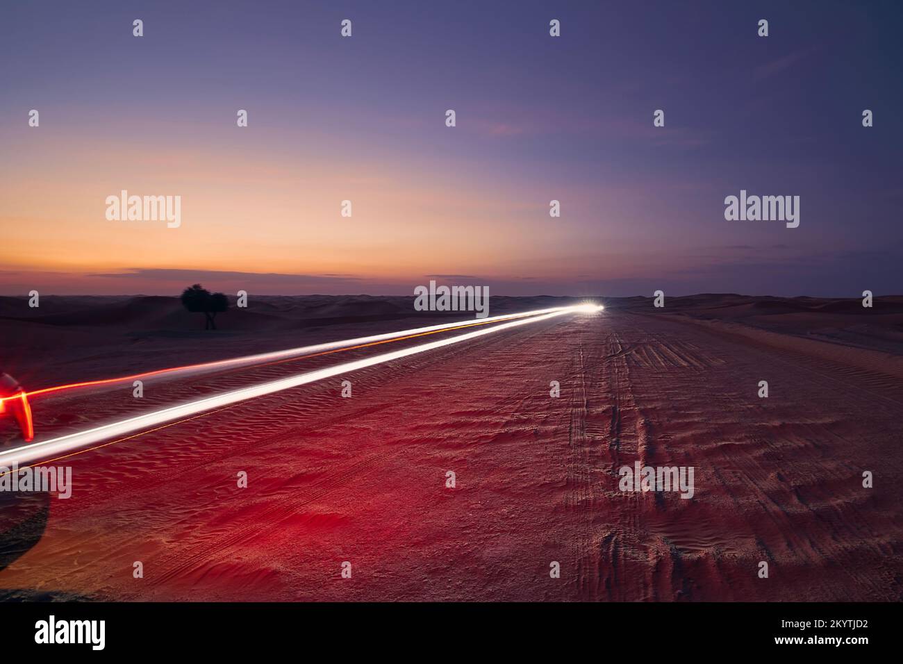 Light trails of car on desert road in the middle sand dunes. Abu Dhabi