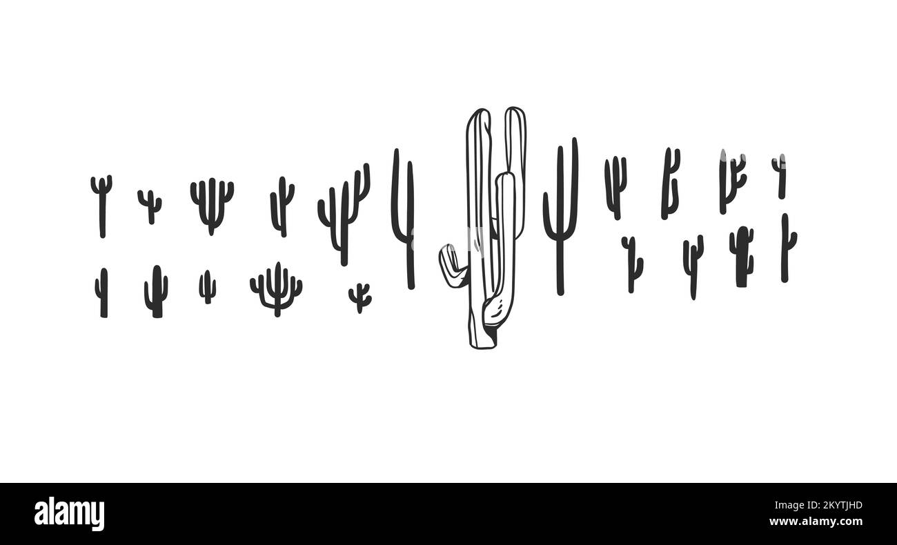 Hand drawn abstract vector graphic clipart illustration boho desert cactus collection set bundle.Western logo design concept.Bohemian wild west Stock Vector