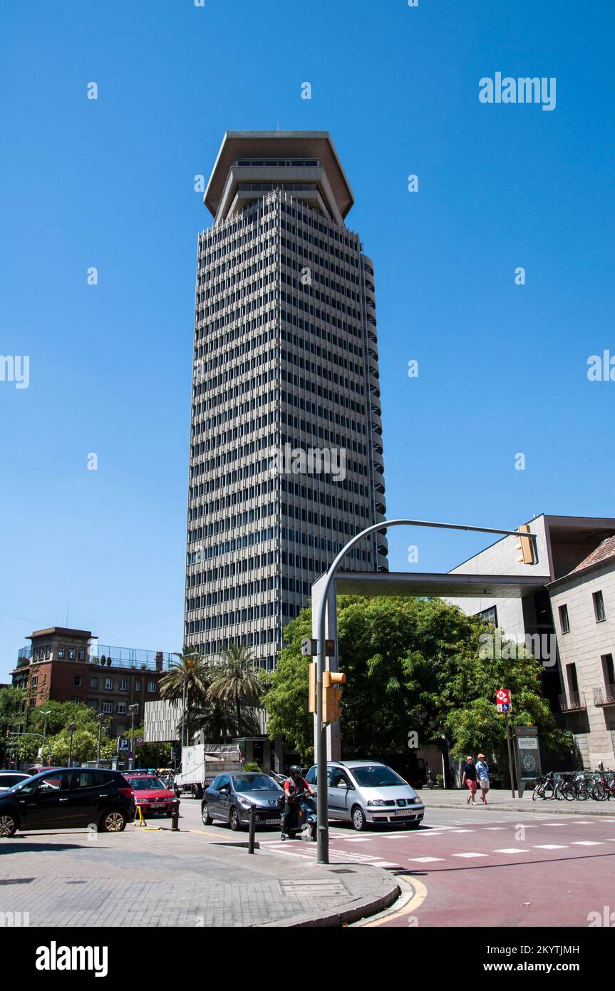 Colón Tower an iconic exemple of brutalism architecture view from Ramblas, Barcelona, Ciutat Vella, Spain Stock Photo