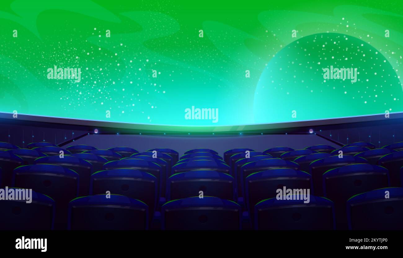 Movie theater, dark cinema hall with wide screen and seats rear view. Empty interior with space galaxy and planet in green starry sky on screen, chair Stock Vector