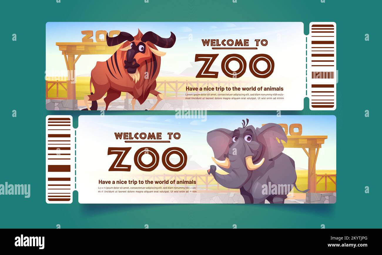 Zoo tickets with wild african animals buffalo and elephant. Pass
