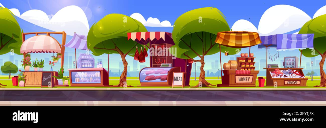 Outdoor market stalls, wooden fair booths or kiosks with striped awning