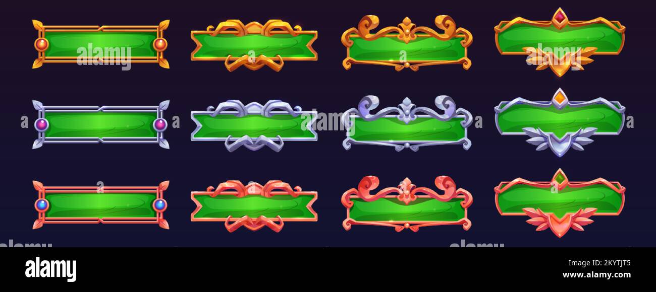 Green game buttons with gold, silver and bronze frames in fantasy ...