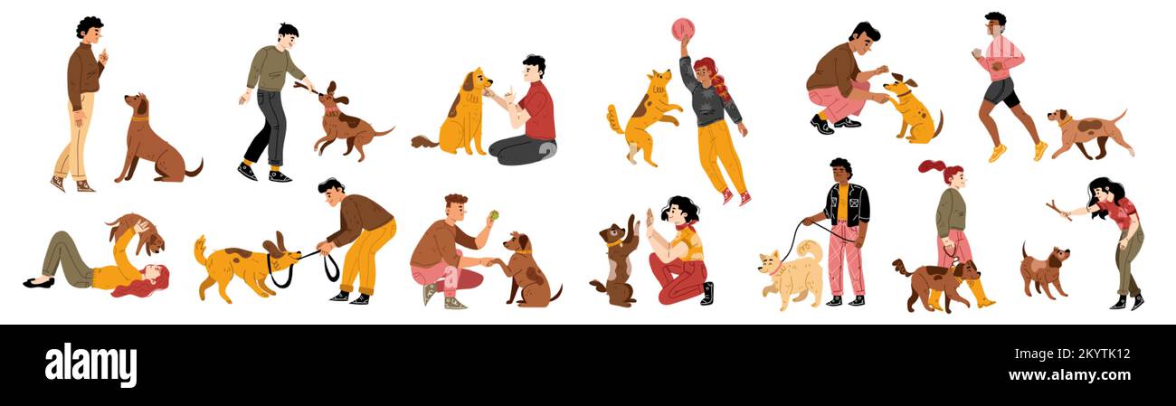 Happy people playing with dogs and smiling, flat vector illustration set isolated on white background. Male and female characters having fun, training Stock Vector