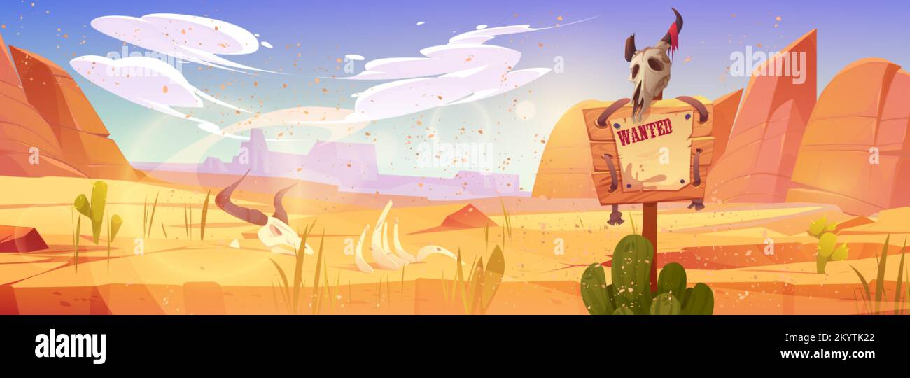 American desert landscape with wanted poster and bull skull on pole. Wild west desert panorama with sand, cactuses, mountains, ox bones and wooden sig Stock Vector