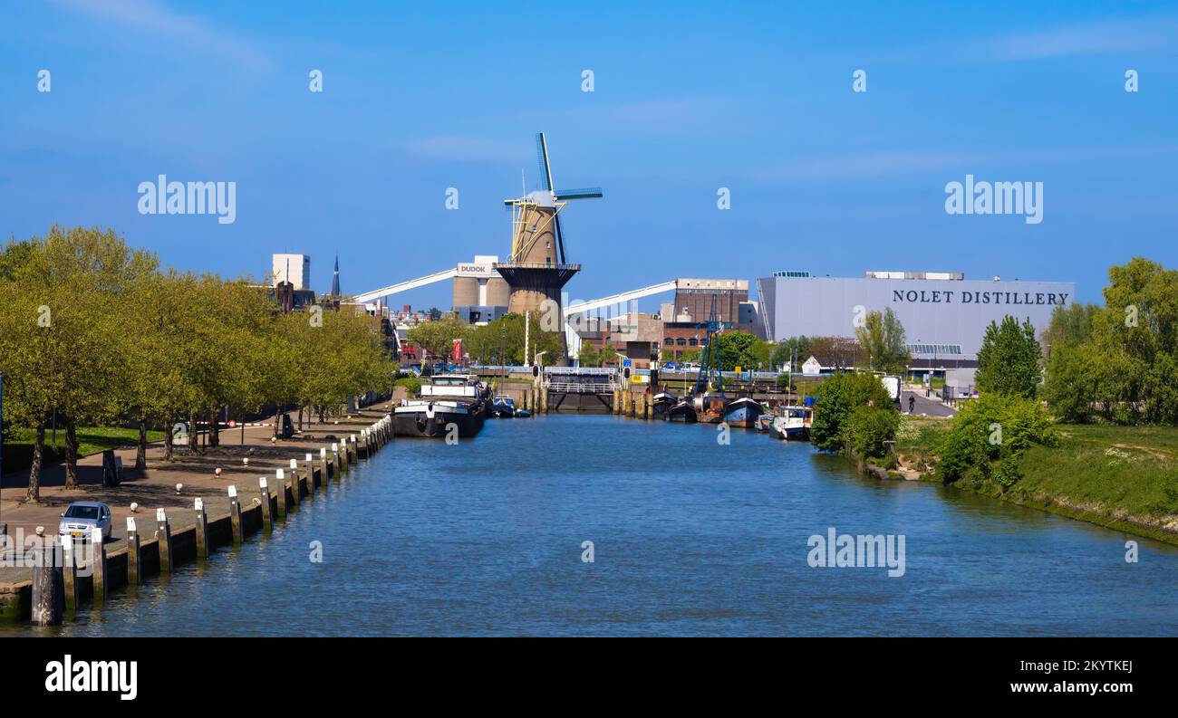 Rotterdam, Netherlands - April 28, 2022: The Noletmuhle is a wind turbine in Schiedam in the Netherlands, built in the style of a Dutch windmill. Stock Photo