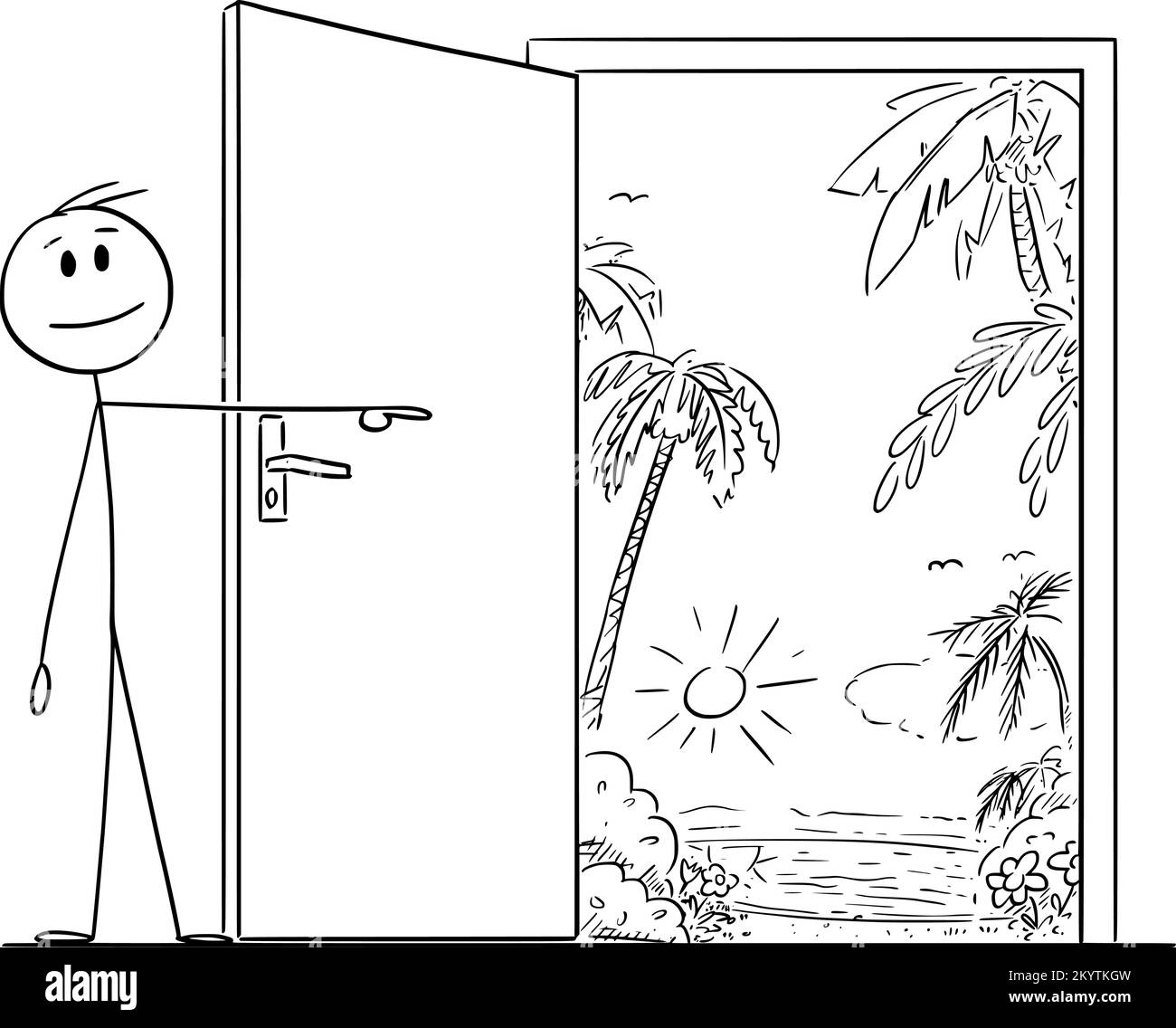 Person Pointing at Door Inviting to Go to Tropical Paradise, Vector Person Pointing at Door Inviting to Go to Tropical Paradise, Vector