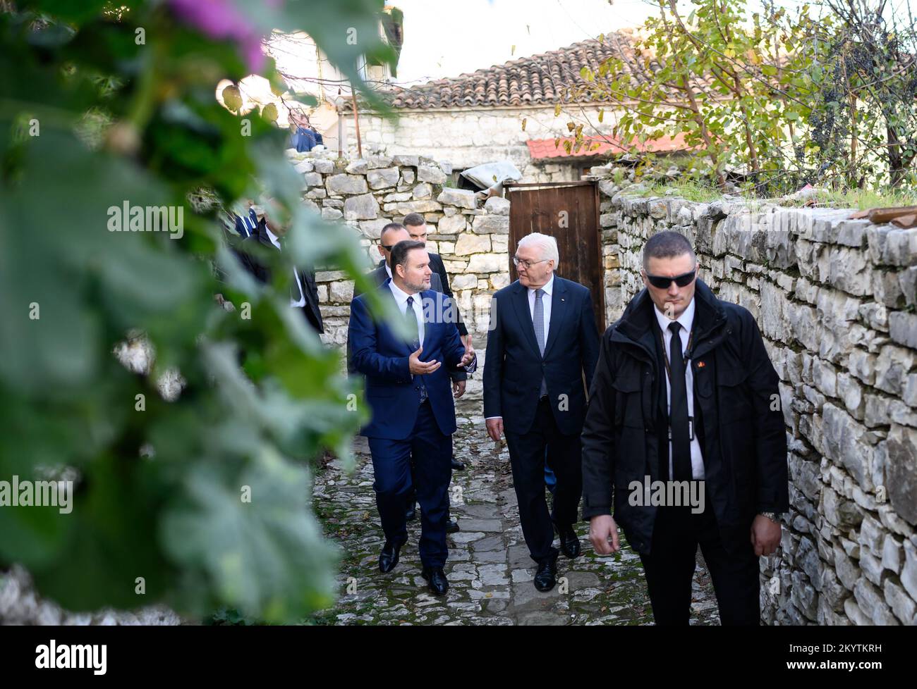 Berat, Albania. 02nd Dec, 2022. German President Frank-Walter Steinmeier (m) is guided through Berat Castle by Ervin Demo (l), mayor of the city of Berat. President Steinmeier is visiting the countries of northern Macedonia and Albania on his four-day trip to the Balkans. Credit: Bernd von Jutrczenka/dpa/Alamy Live News Stock Photo