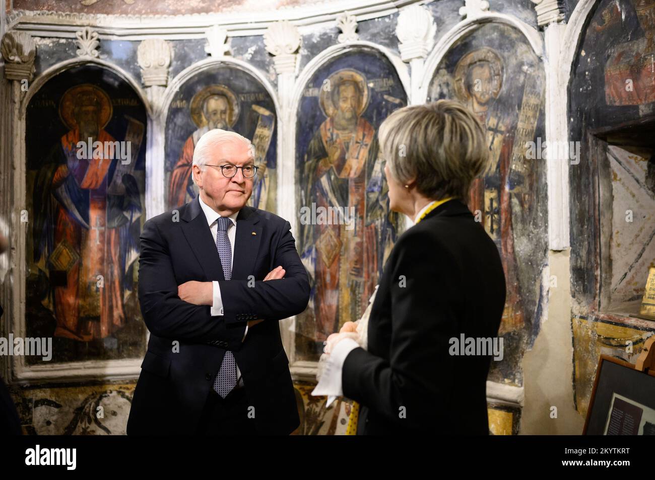 Berat, Albania. 02nd Dec, 2022. Federal President Frank-Walter Steinmeier visits the Cathedral of the Assumption in Berat Castle. President Steinmeier visits the countries of northern Macedonia and Albania on his four-day trip to the Balkans. Credit: Bernd von Jutrczenka/dpa/Alamy Live News Stock Photo