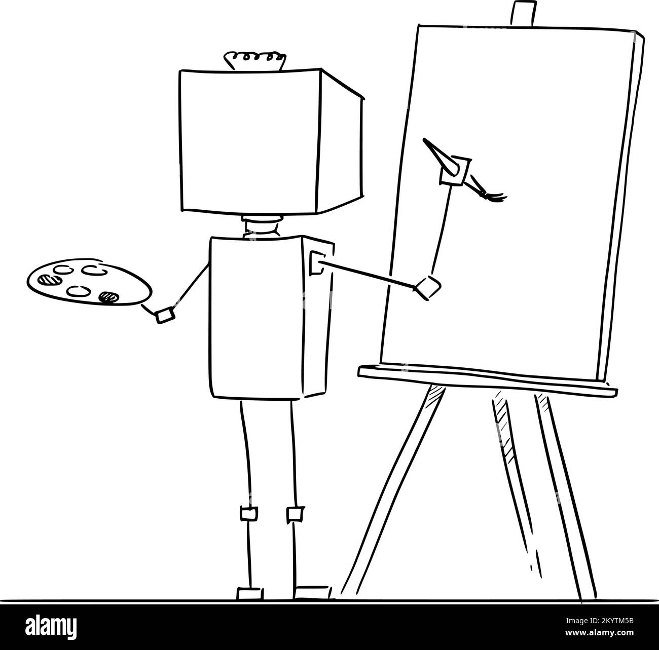 Artificial Intelligence Robot Artist Generating or Painting on Canvas, Vector Cartoon Stick Figure Illustration Stock Vector