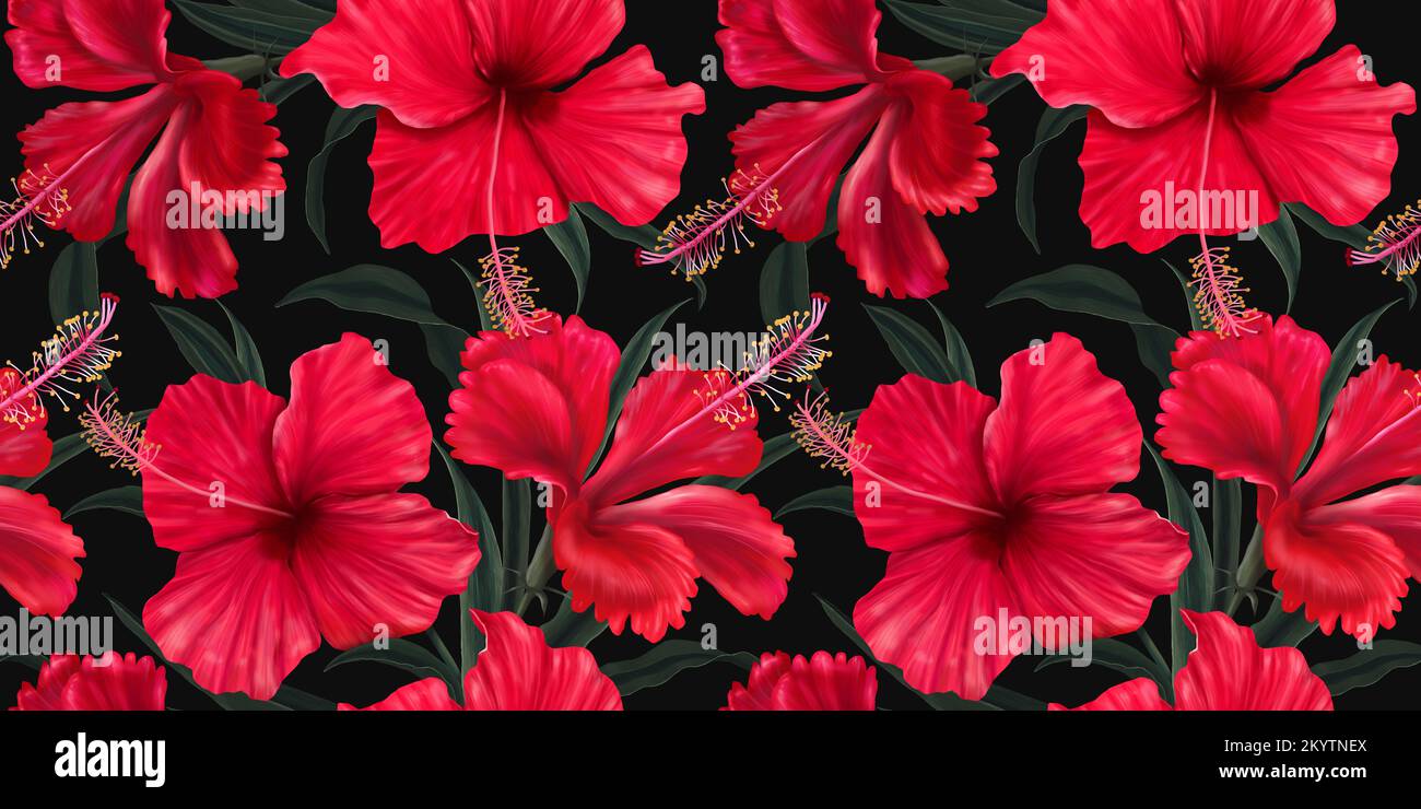 Lovely red hibiscus flowers. Seamless tropical wallpaper. Exotic tropical  pattern. Hand drawn 3d illustration for fabric, wallpaper, paper Stock  Photo - Alamy, image size:1300x740
