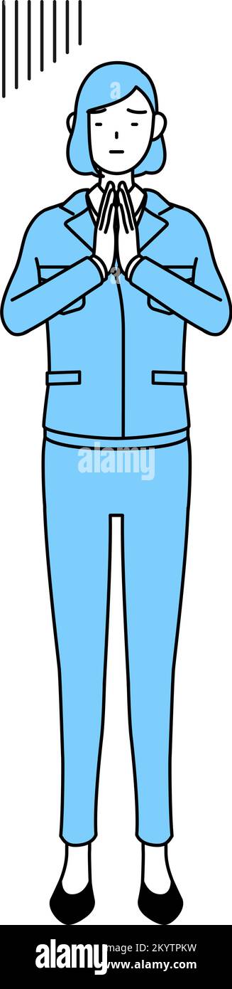 Simple line drawing illustration of a woman in work wear apologizing with his hands in front of his body. Stock Vector