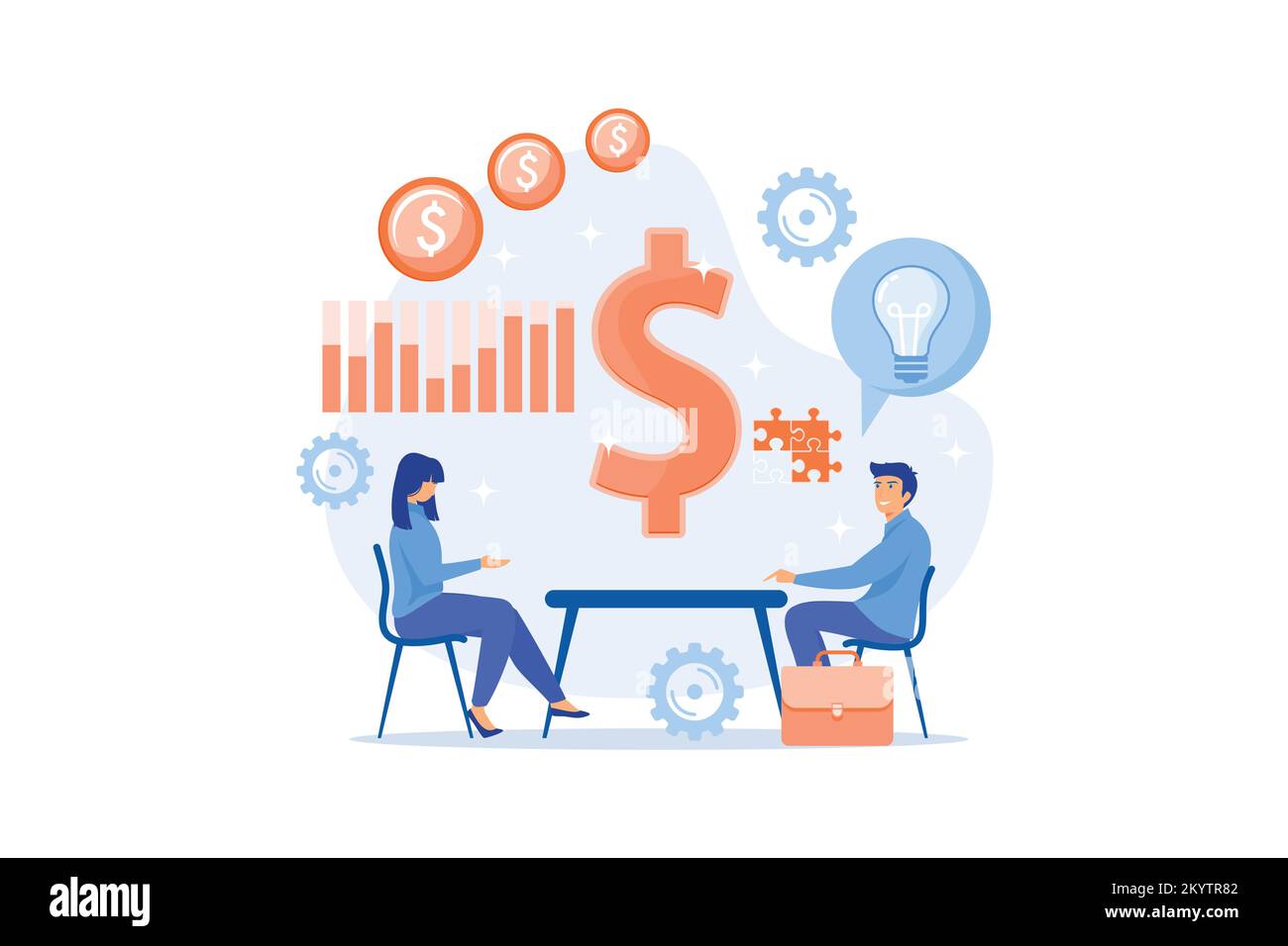 Salesperson suggesting a solution idea to consumers problem. Consultative sales, customer-oriented selling, trendy sales method concept. flat vector m Stock Vector