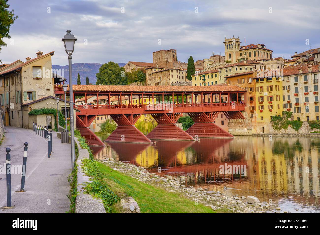 View of the old town of Bassano del Grappa with its famous bridge (Italy) Stock Photo