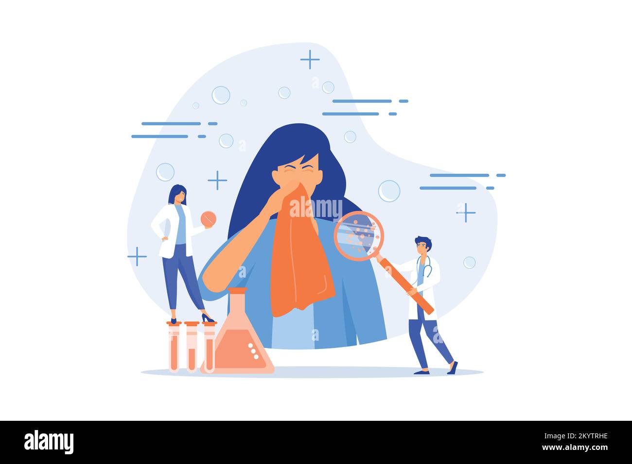 Female patient sneezing, taking a pill from doctor and allergen under magnifier. Allergic diseases, allergy reaction, antihistamines therapy concept. Stock Vector